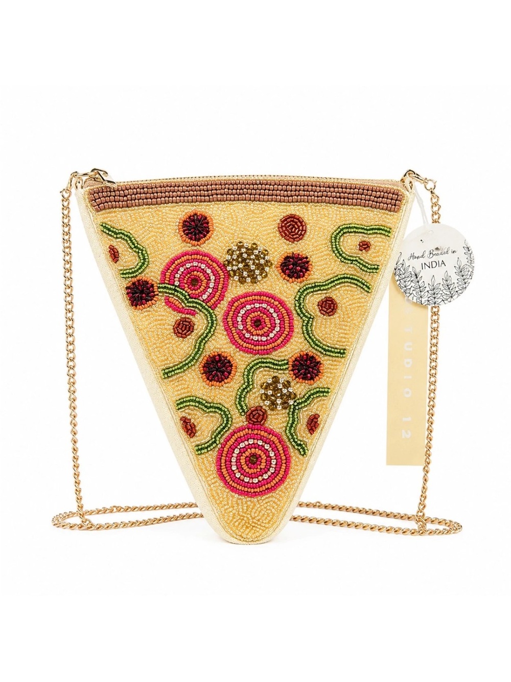 NWT Studio 12 Pizza Purse Hand Beaded Crossbody Bag Novelty Gold Chain